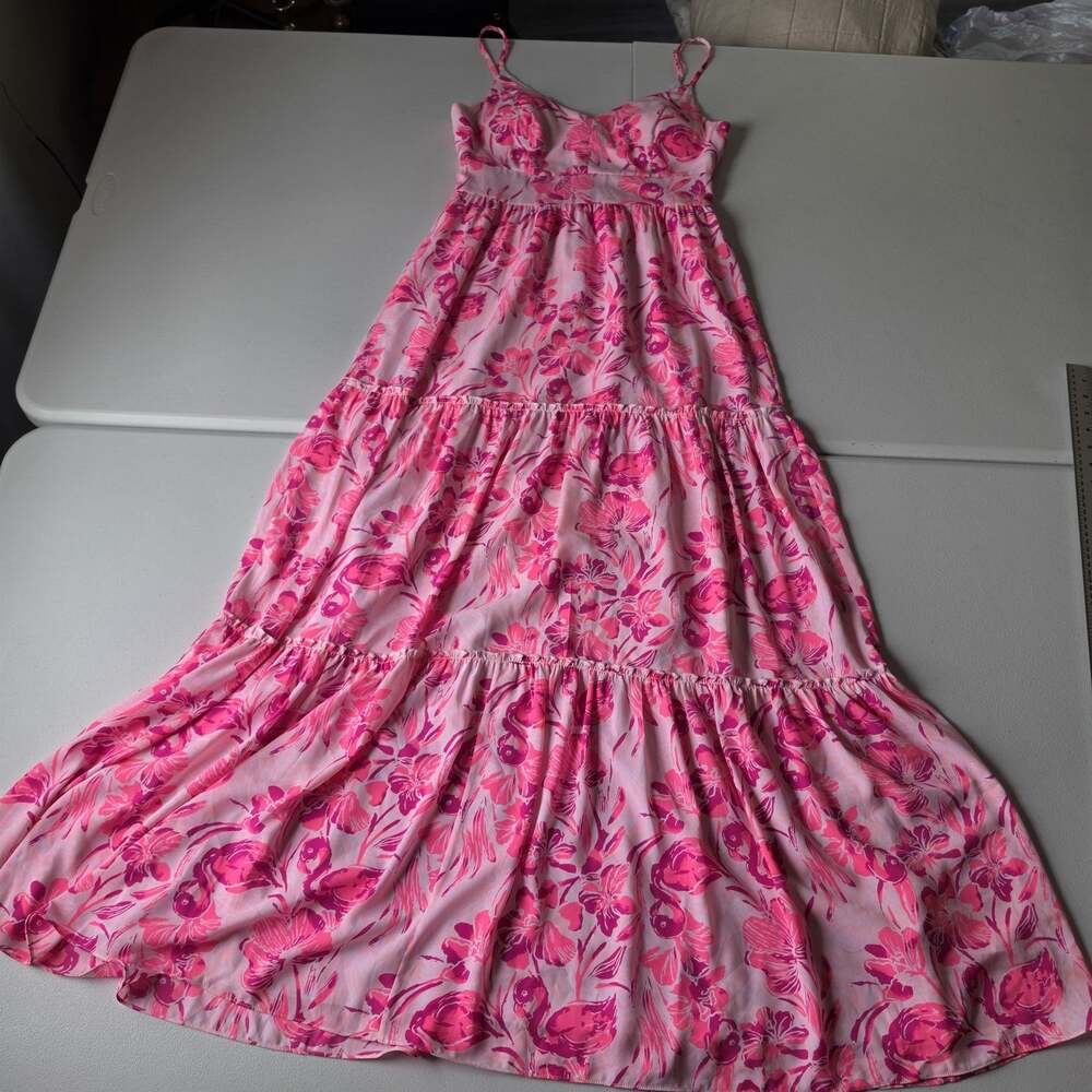 Lilly Pulitzer Dress Womens 4 Pink Flamingo Floral Chiffon Maxi Sundress